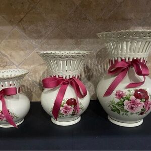 Victorian Rose Set of 3 Porcelain Lattice Vases Formalities Baum Bros.VINTAGE.